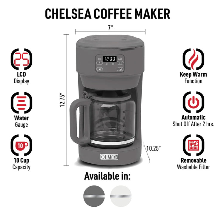 Haden Chelsea 10 Cup Digital Drip Coffee Maker with Glass Carafe, Grey & Chrome