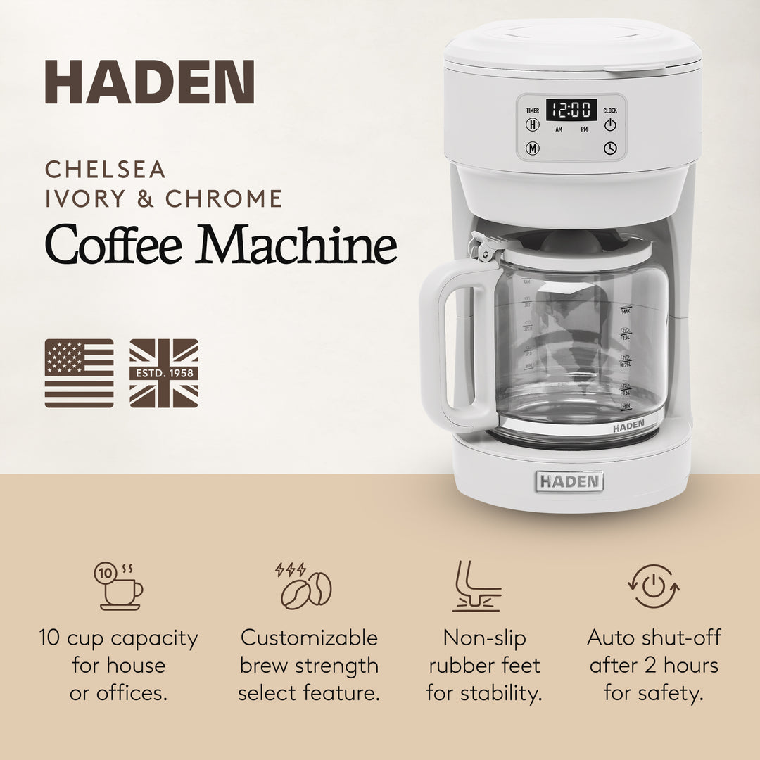Haden Chelsea 10 Cup Digital Drip Coffee Maker with Glass Carafe, Ivory & Chrome