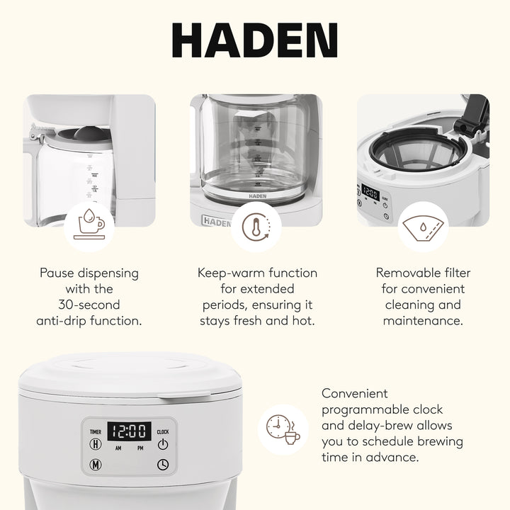 Haden Chelsea 10 Cup Digital Drip Coffee Maker with Glass Carafe, Ivory & Chrome