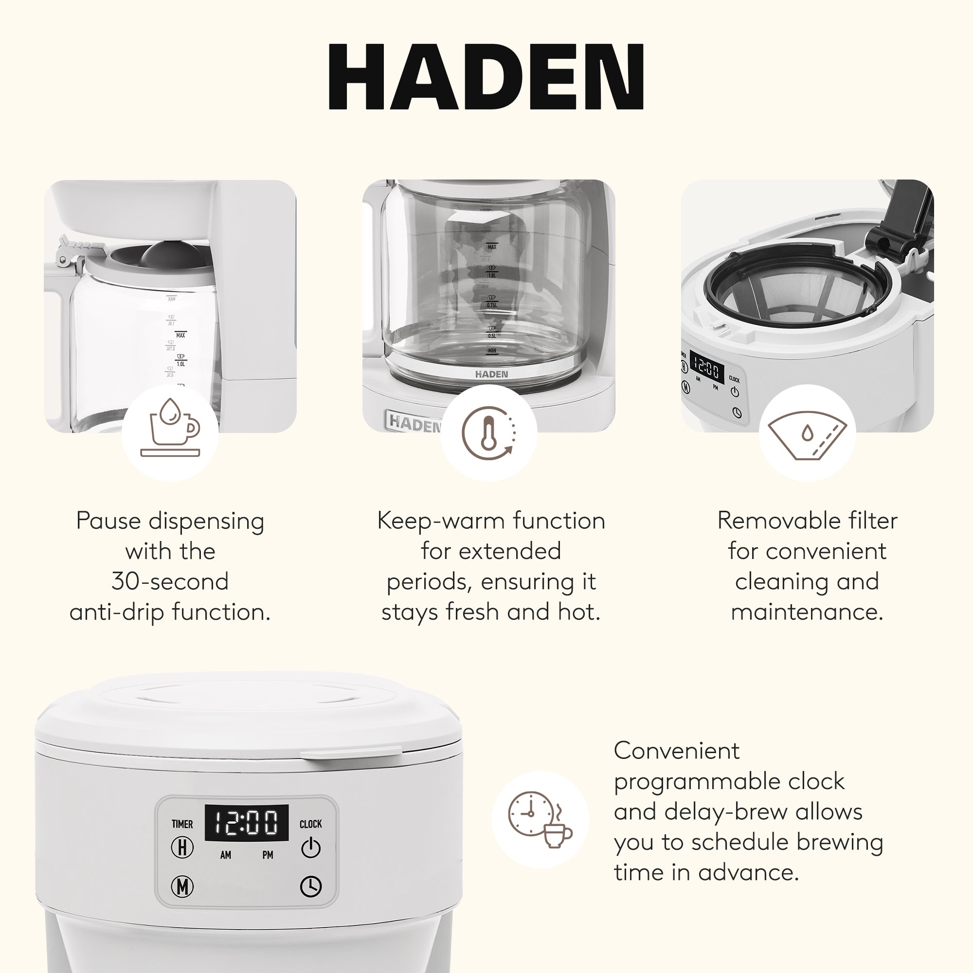 Haden Chelsea 10 Cup Digital Drip Coffee Maker w Glass Carafe, Ivory (Used)