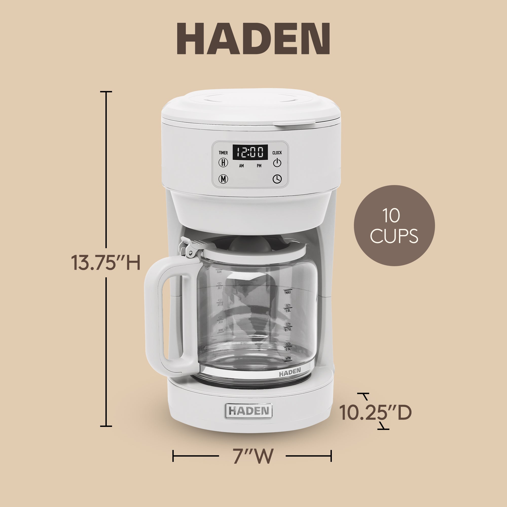 Haden Chelsea 10 Cup Digital Drip Coffee Maker w Glass Carafe, Ivory (Used)