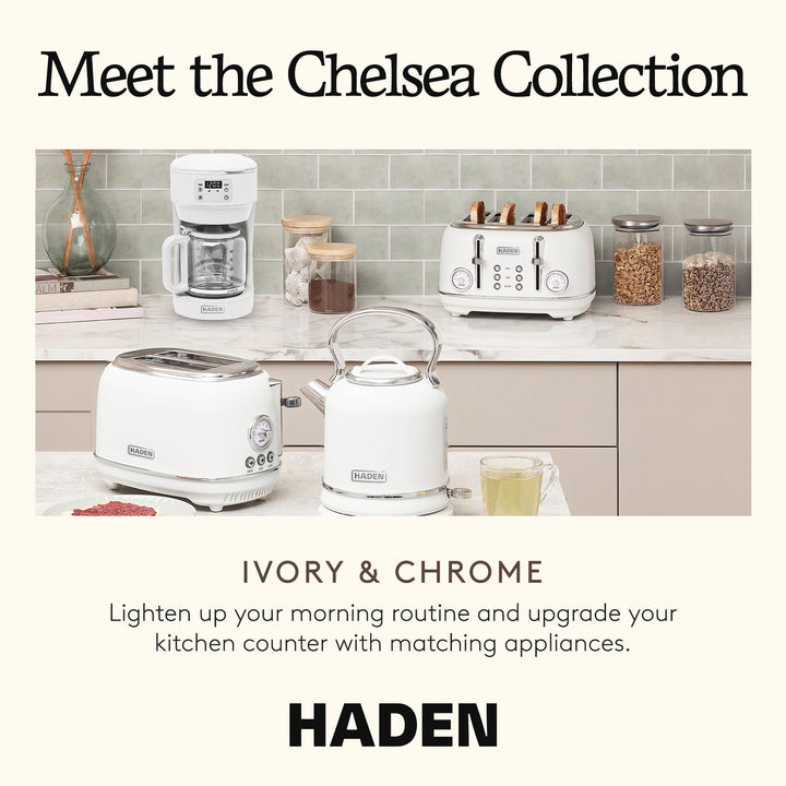 Haden Chelsea 10 Cup Digital Drip Coffee Maker with Glass Carafe, Ivory & Chrome