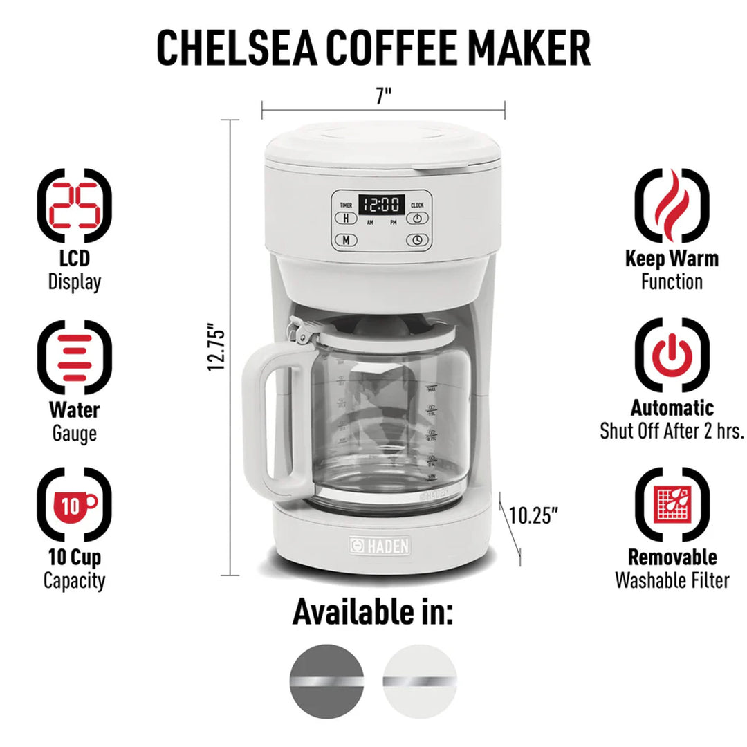 Haden Chelsea 10 Cup Digital Drip Coffee Maker with Glass Carafe, Ivory & Chrome