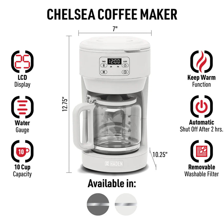 Haden Chelsea 10 Cup Digital Drip Coffee Maker with Glass Carafe, Ivory & Chrome