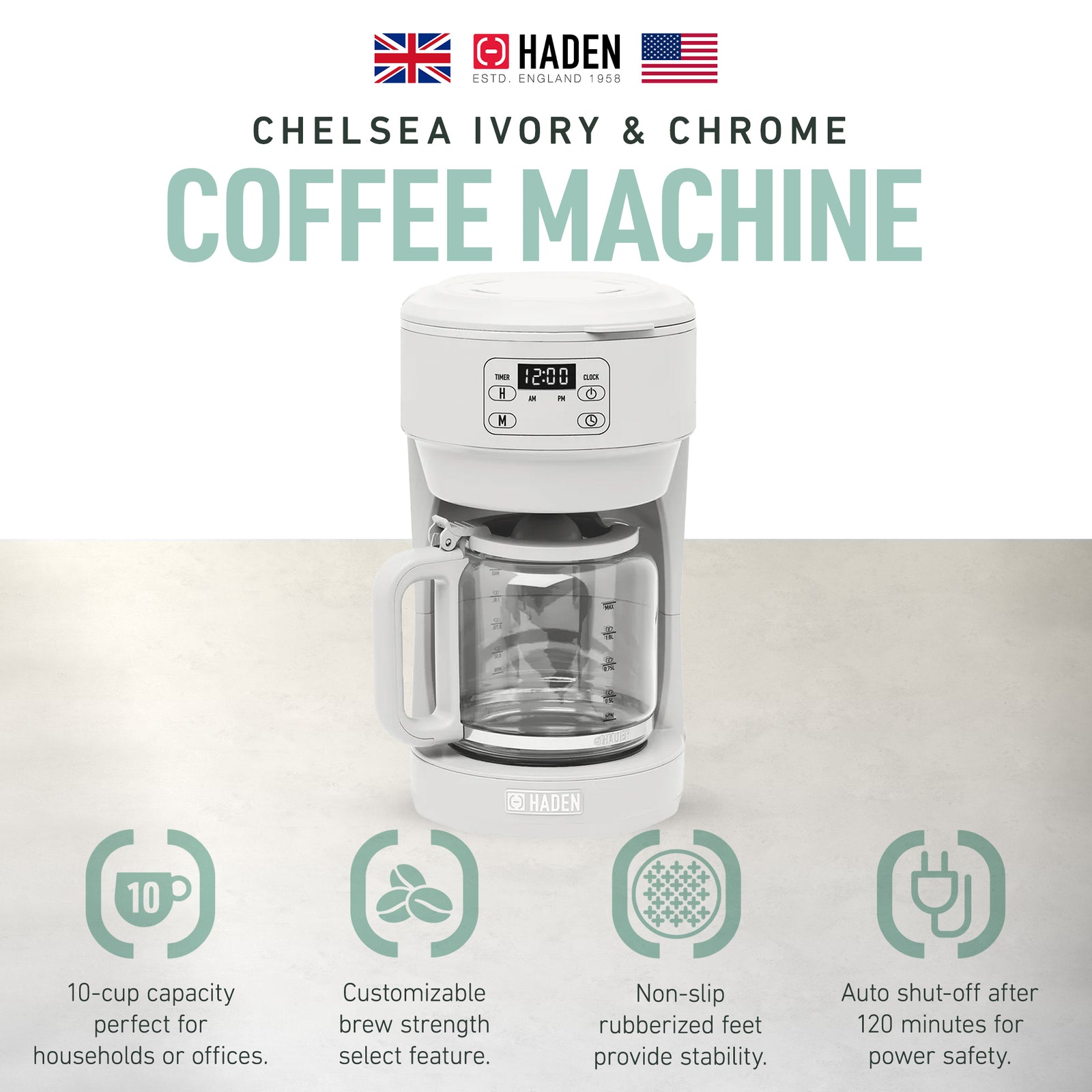 Haden Chelsea 10 Cup Drip Coffee Maker w/Glass Carafe, Ivory & Chrome (Open Box) - VMInnovations