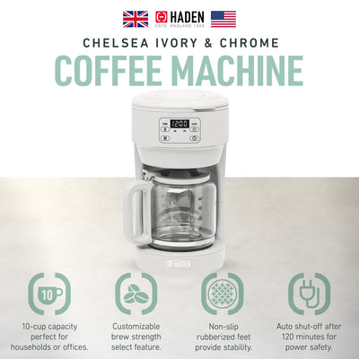 Haden Chelsea 10 Cup Drip Coffee Maker w/Glass Carafe, Ivory & Chrome (Open Box) - VMInnovations