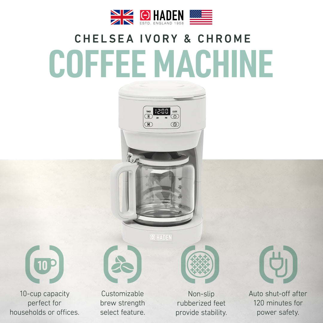 Haden Chelsea 10 Cup Drip Coffee Maker w/Glass Carafe, Ivory & Chrome (Open Box)