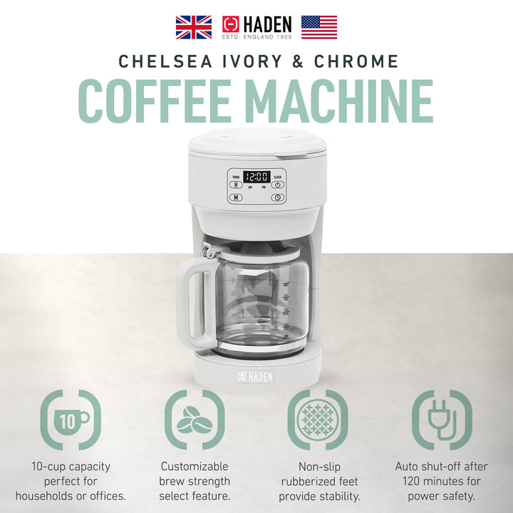 Haden Chelsea 10 Cup Drip Coffee Maker w/Glass Carafe, Ivory & Chrome (Open Box)