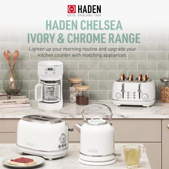 Haden Chelsea 10 Cup Drip Coffee Maker w/Glass Carafe, Ivory & Chrome (Open Box)