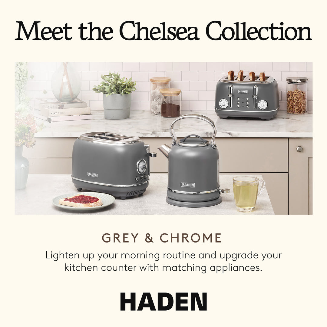 Haden Chelsea 1.7 Liter Electric Water Kettle w/ 360-Degree Base, Grey & Chrome