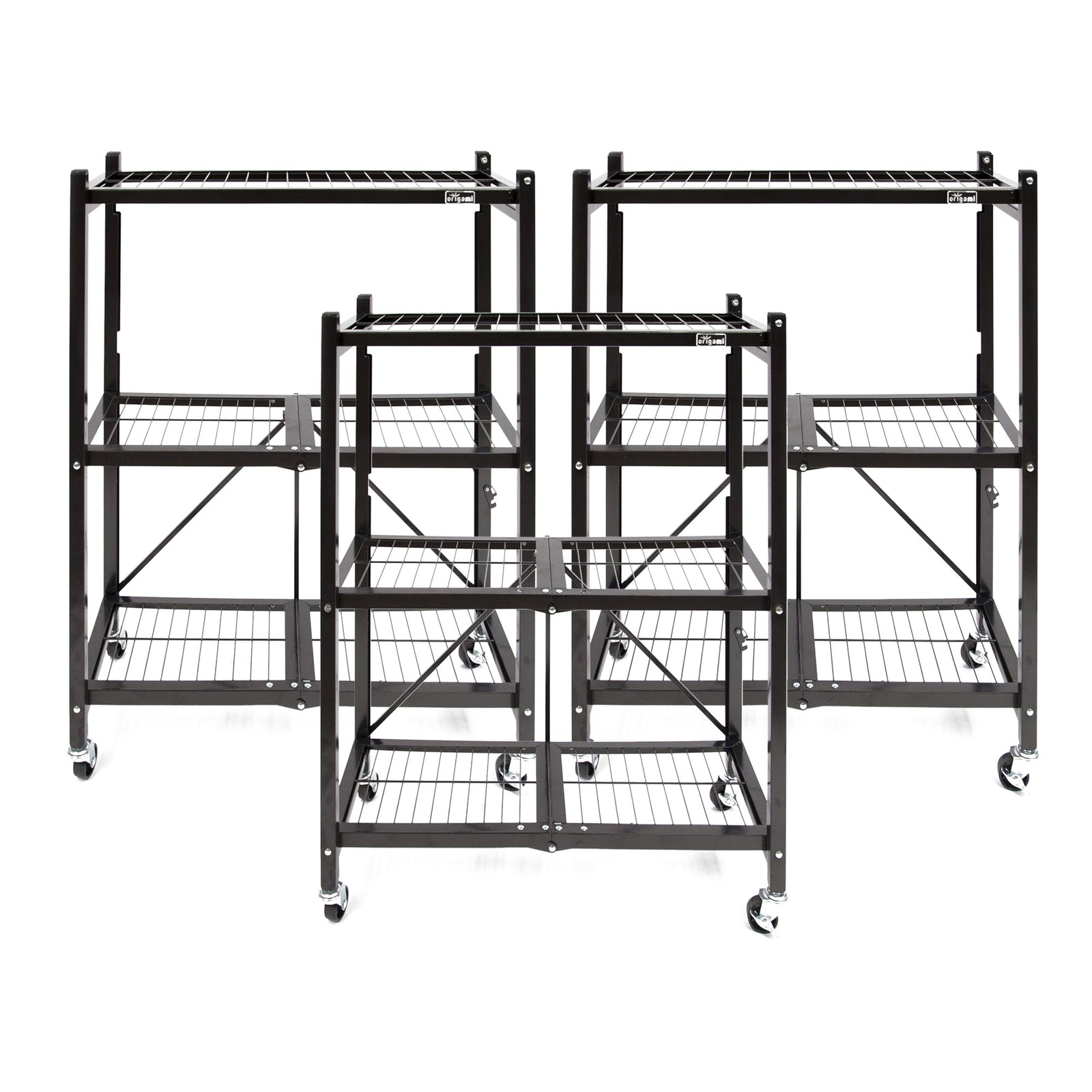Origami 3-Pack General Purpose Foldable 3-Tier Shelf Storage Racks, R3, Black - VMInnovations