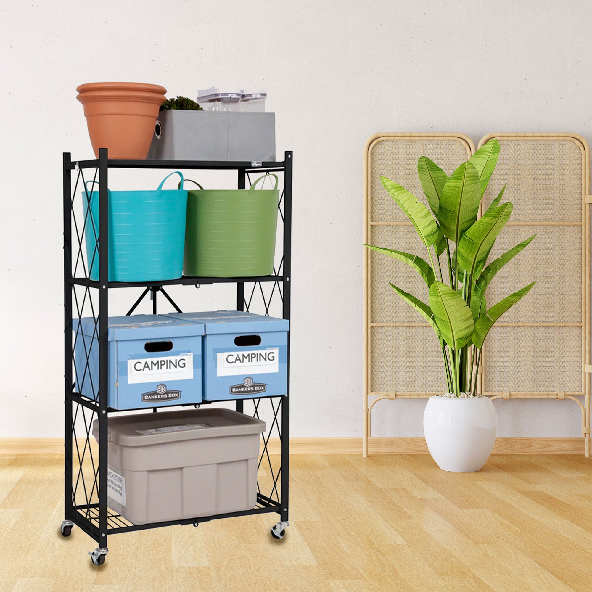 Origami 4 Tier Heavy Duty Storage Rack w/ Set of 4 Magnetic Wire Shelf Liners - VMInnovations
