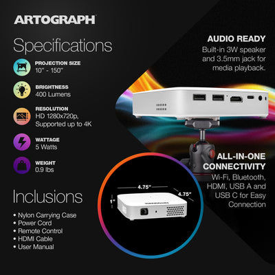Artograph HD Digital Art Projector w/Remote, Wi Fi, & Case, White (Open Box)
