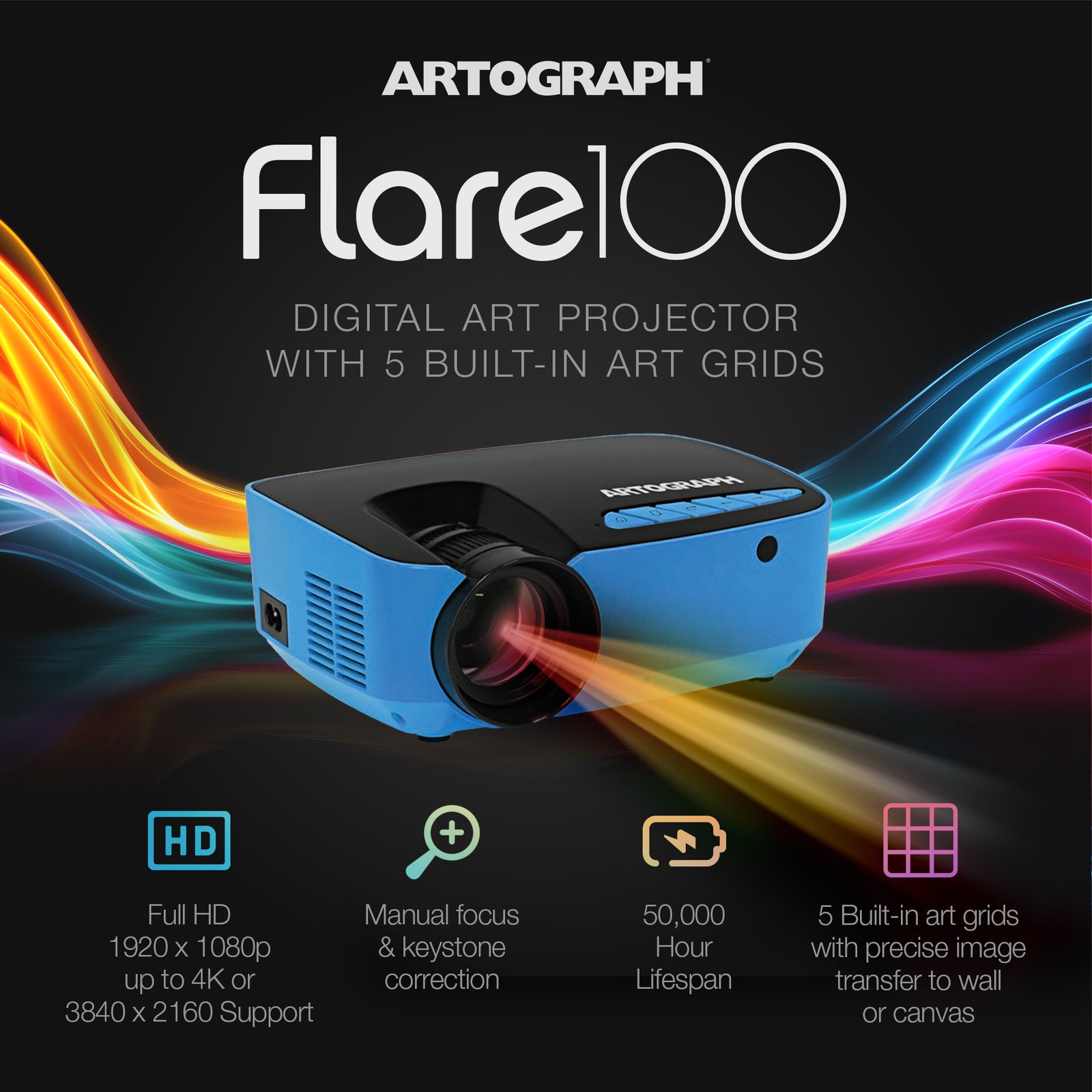 Artograph Smart HD Digital Art Projector, Wi Fi, Clamp Stand, Flare 100, Blue - VMInnovations