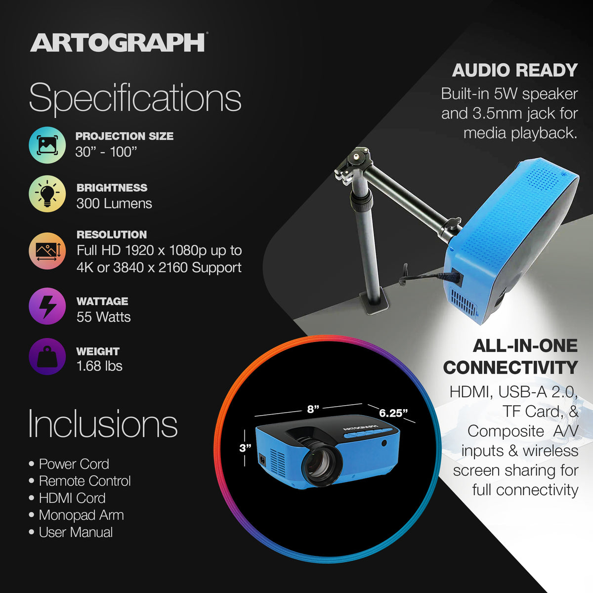 Artograph Smart HD Digital Art Projector, Wi Fi, Flare 100, Blue (Open Box)