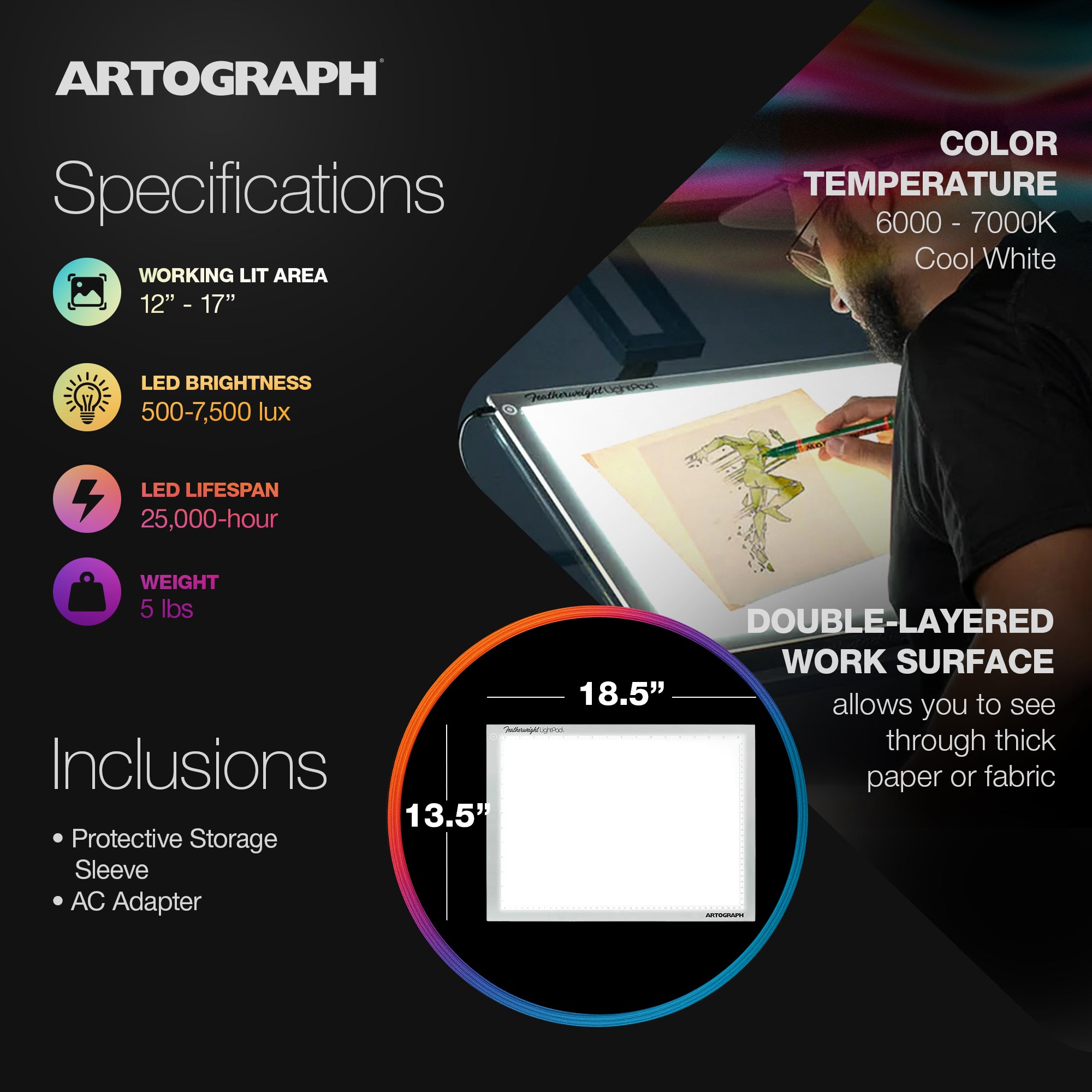 Artograph Featherweight Dimmable Slim Lightpad for Drawing & Tracing (Open Box) - VMInnovations