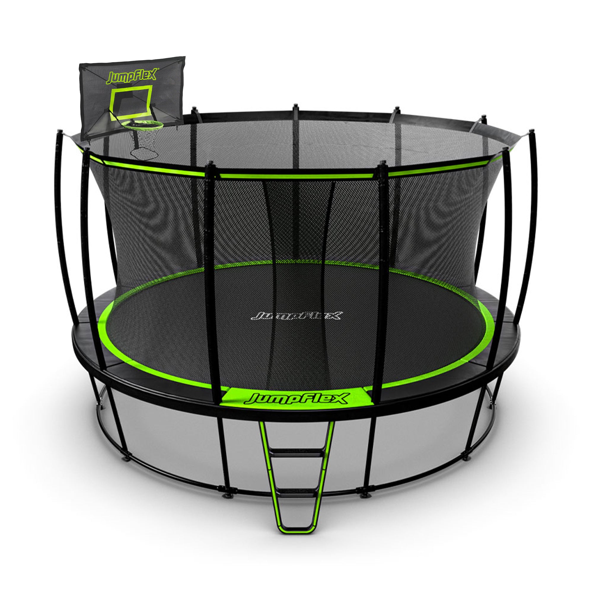 JumpFlex HERO 14' Trampoline with PROJAM Hero Basketball Hoop and Net Attachment - VMInnovations