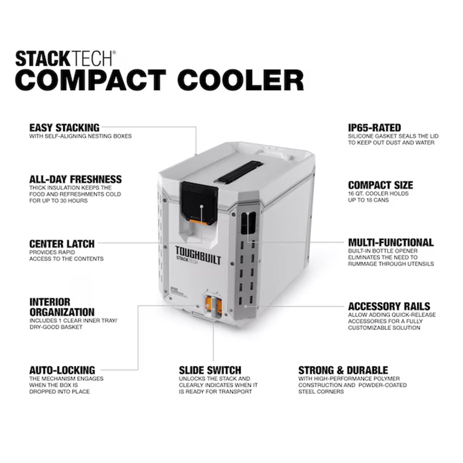 ToughBuilt StackTech Compact Cooler, Stackable 16 Qt Hard Shell Ice Chest, White - VMInnovations