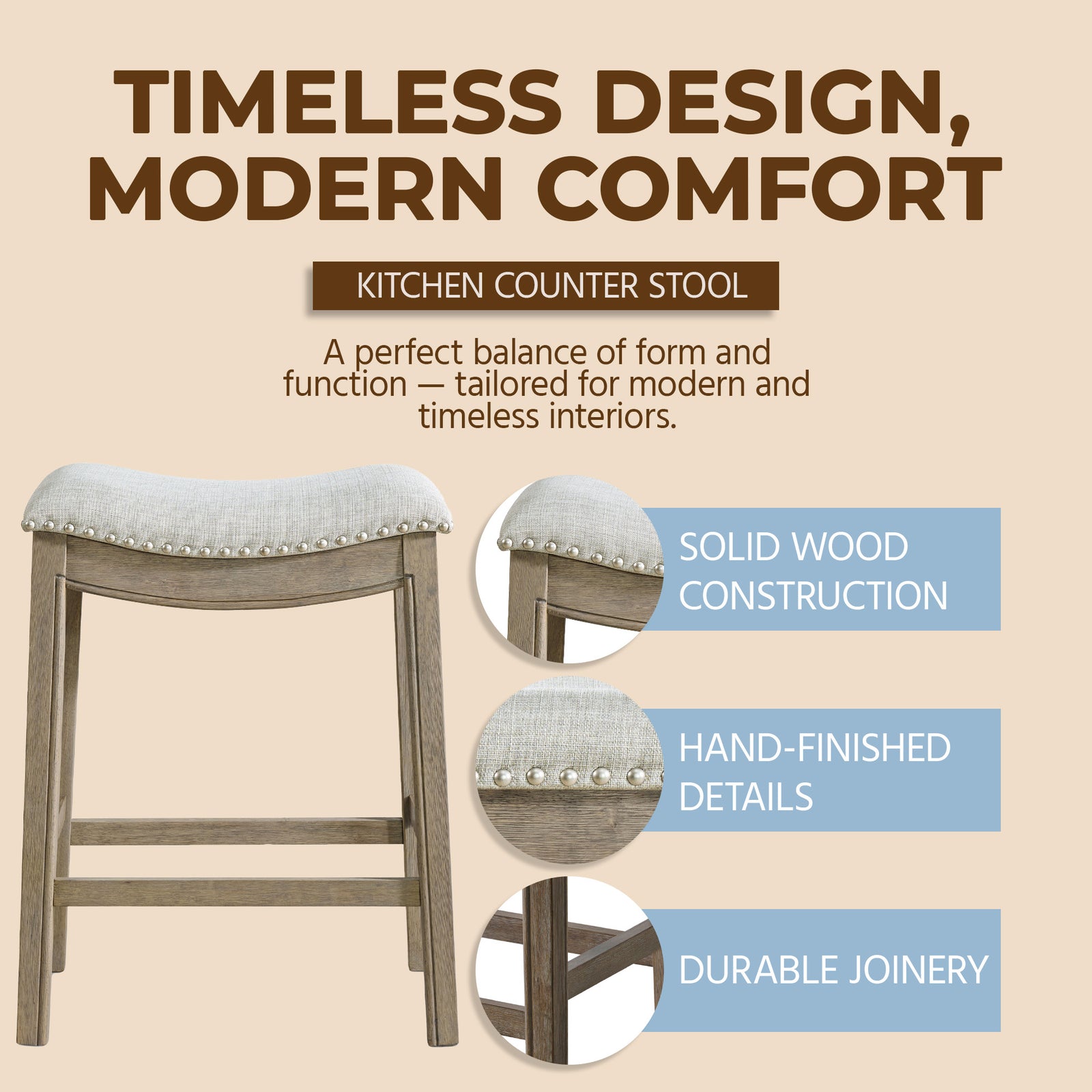 ROME + OAK Parker Backless Saddle Kitchen Counter Stool, Oak, Grey Upholstery - VMInnovations