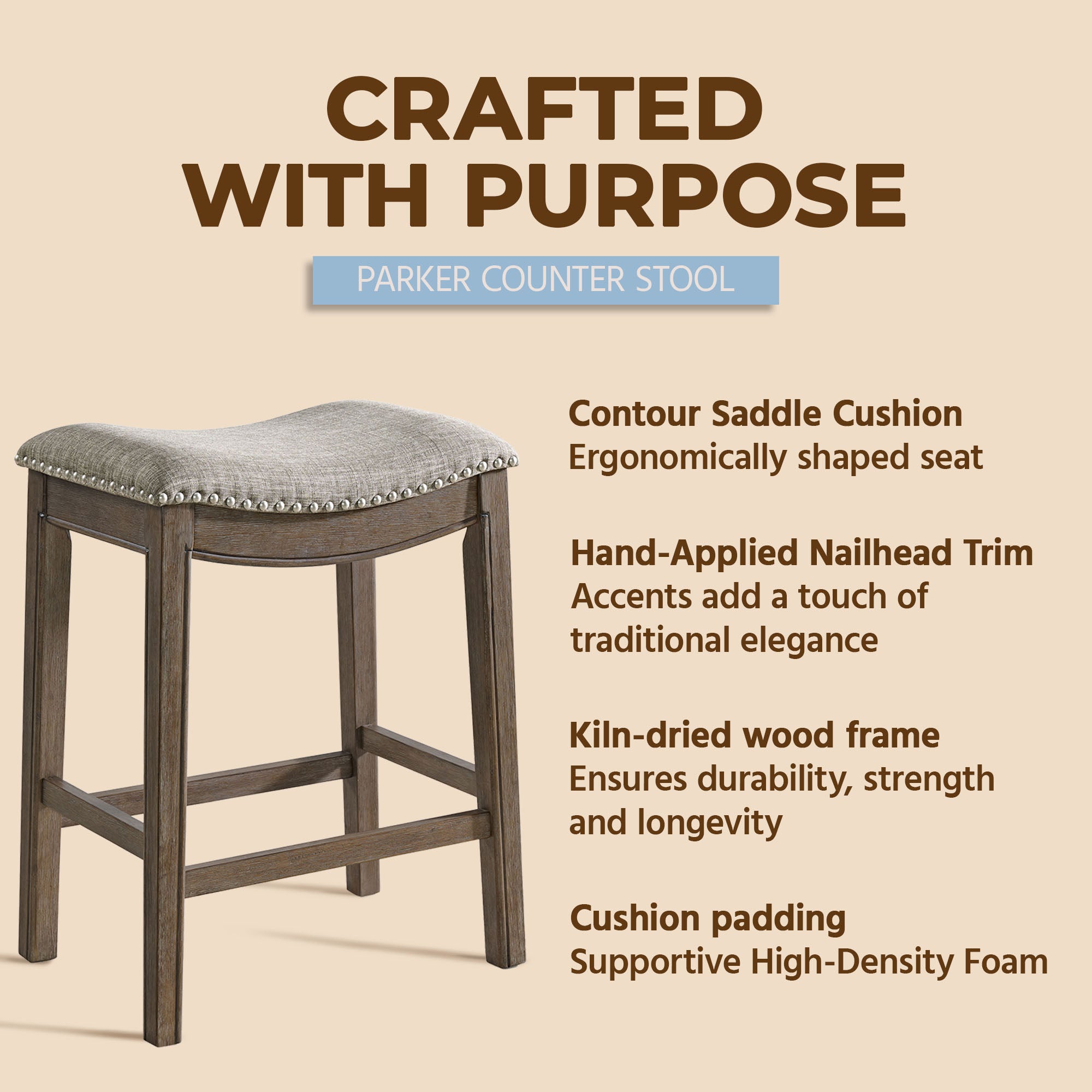 ROME + OAK Backless Saddle Counter Stool, Walnut, Grey Upholstery (For Parts)