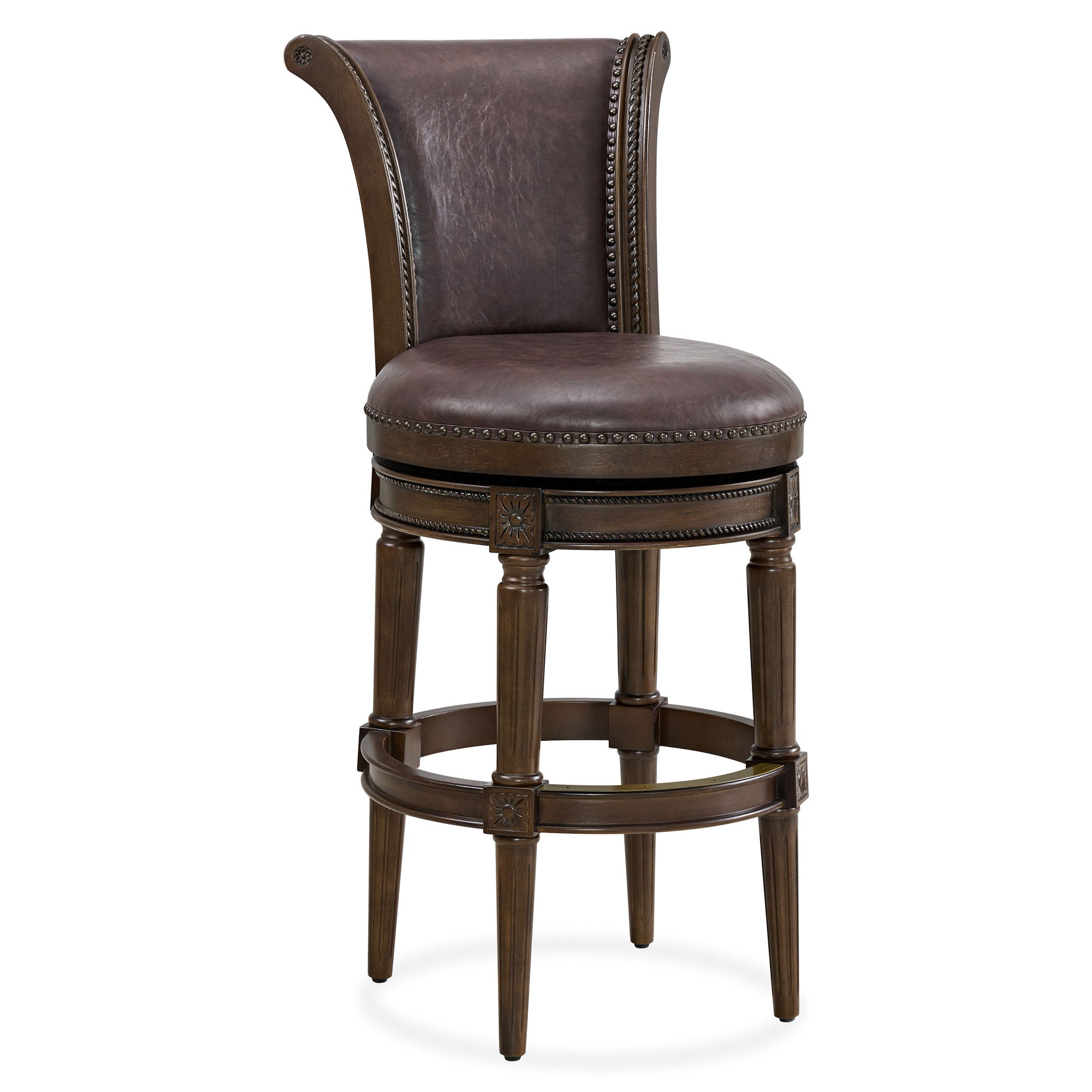 ROME + OAK Bar Stool, Dark Walnut Finish w/Vintage Brown Vegan Leather (Used) - VMInnovations