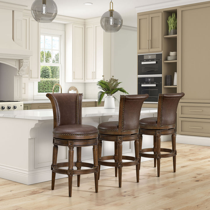 ROME + OAK Runyan Bar Stool, Dark Walnut & Vintage Brown Vegan Leather, Set of 3