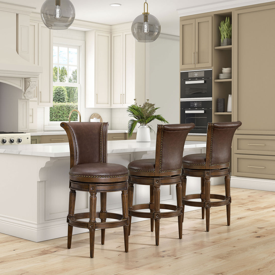 ROME + OAK Runyan Bar Stool, Dark Walnut & Vintage Brown Vegan Leather, Set of 3