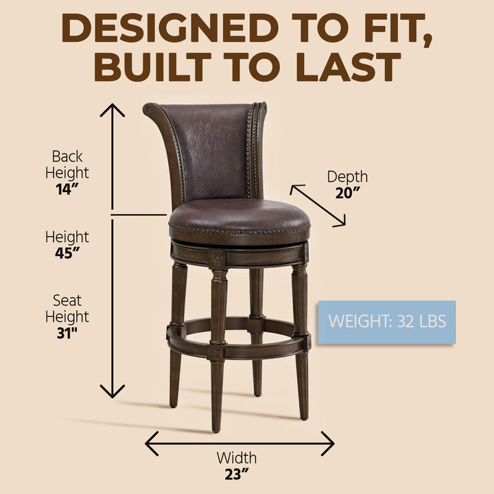 ROME + OAK Runyan Bar Stool, Dark Walnut Finish with Vintage Brown Vegan Leather