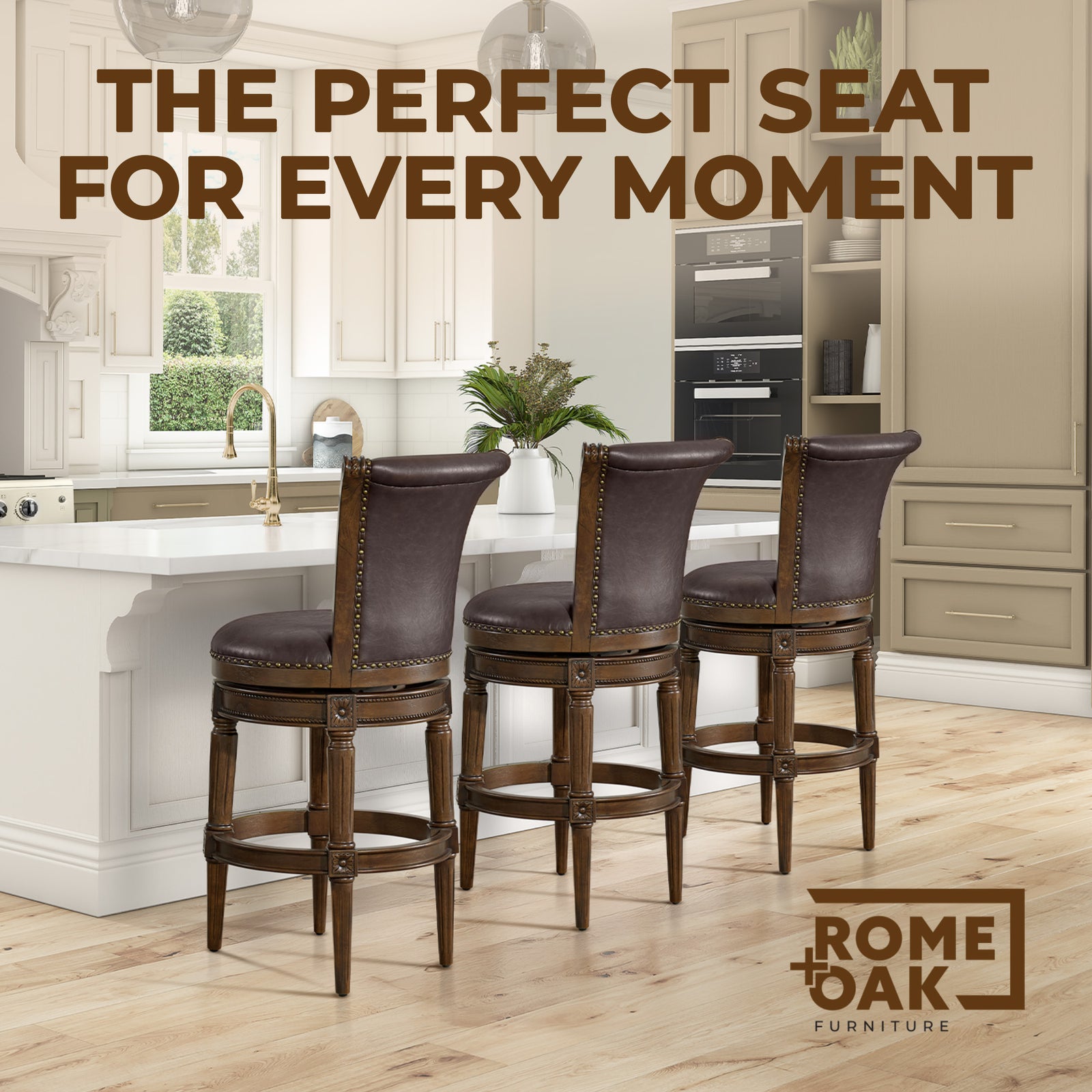 ROME + OAK Runyan Bar Stool, Dark Walnut Finish with Vintage Brown Vegan Leather - VMInnovations