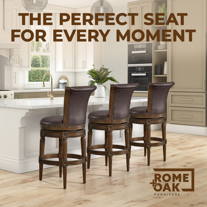 ROME + OAK Runyan Bar Stool, Dark Walnut & Vintage Brown Vegan Leather, Set of 3