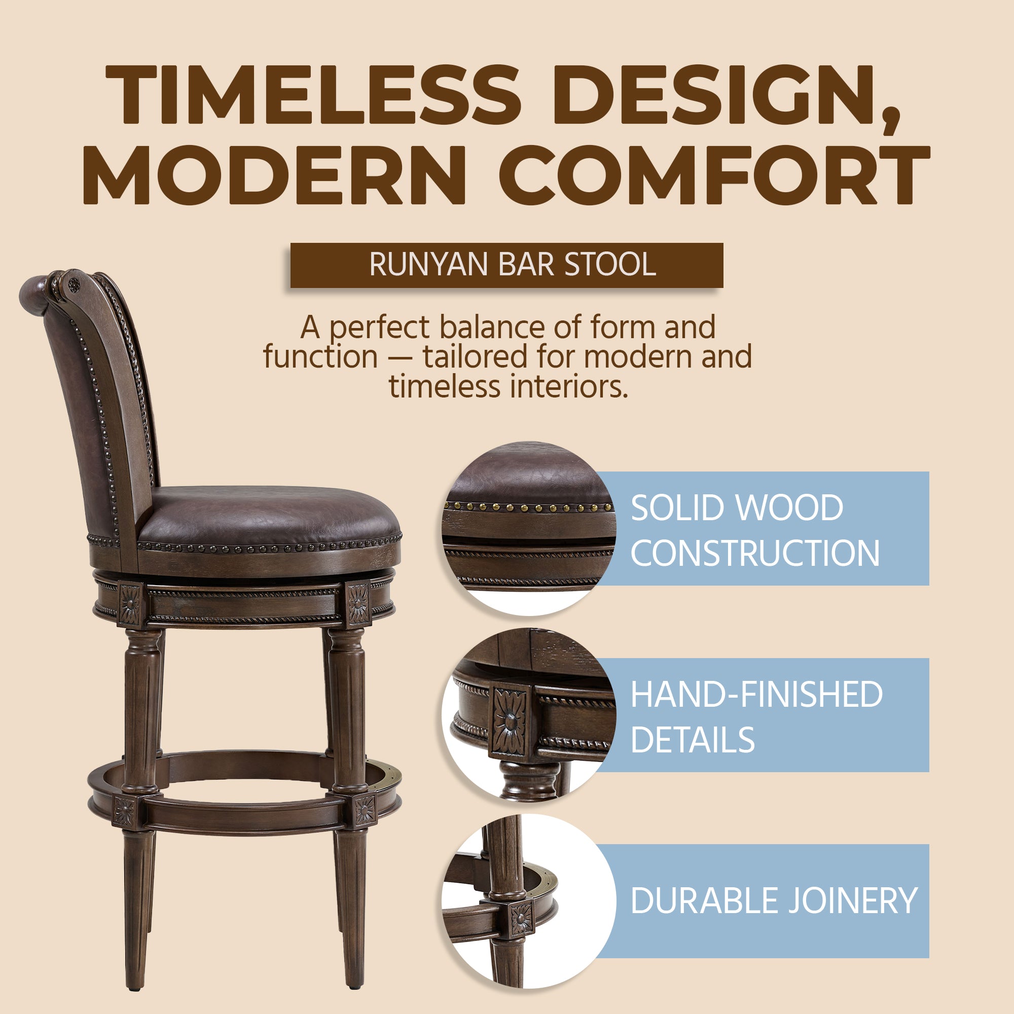 ROME + OAK Bar Stool, Dark Walnut Finish w/Vintage Brown Vegan Leather (Used) - VMInnovations