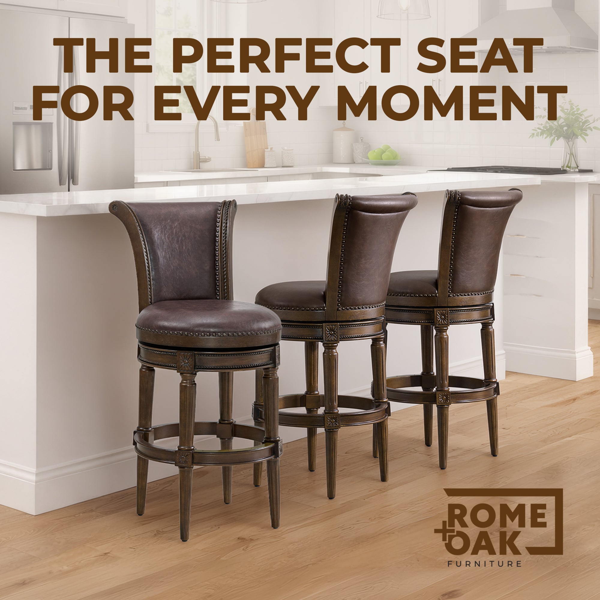 ROME + OAK Bar Stool, Dark Walnut Finish w/Vintage Brown Vegan Leather (Used) - VMInnovations