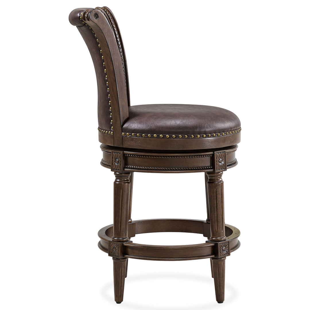 ROME + OAK Runyan Counter Stool, Dark Walnut, Vintage Brown Vegan Leather, Set of 2