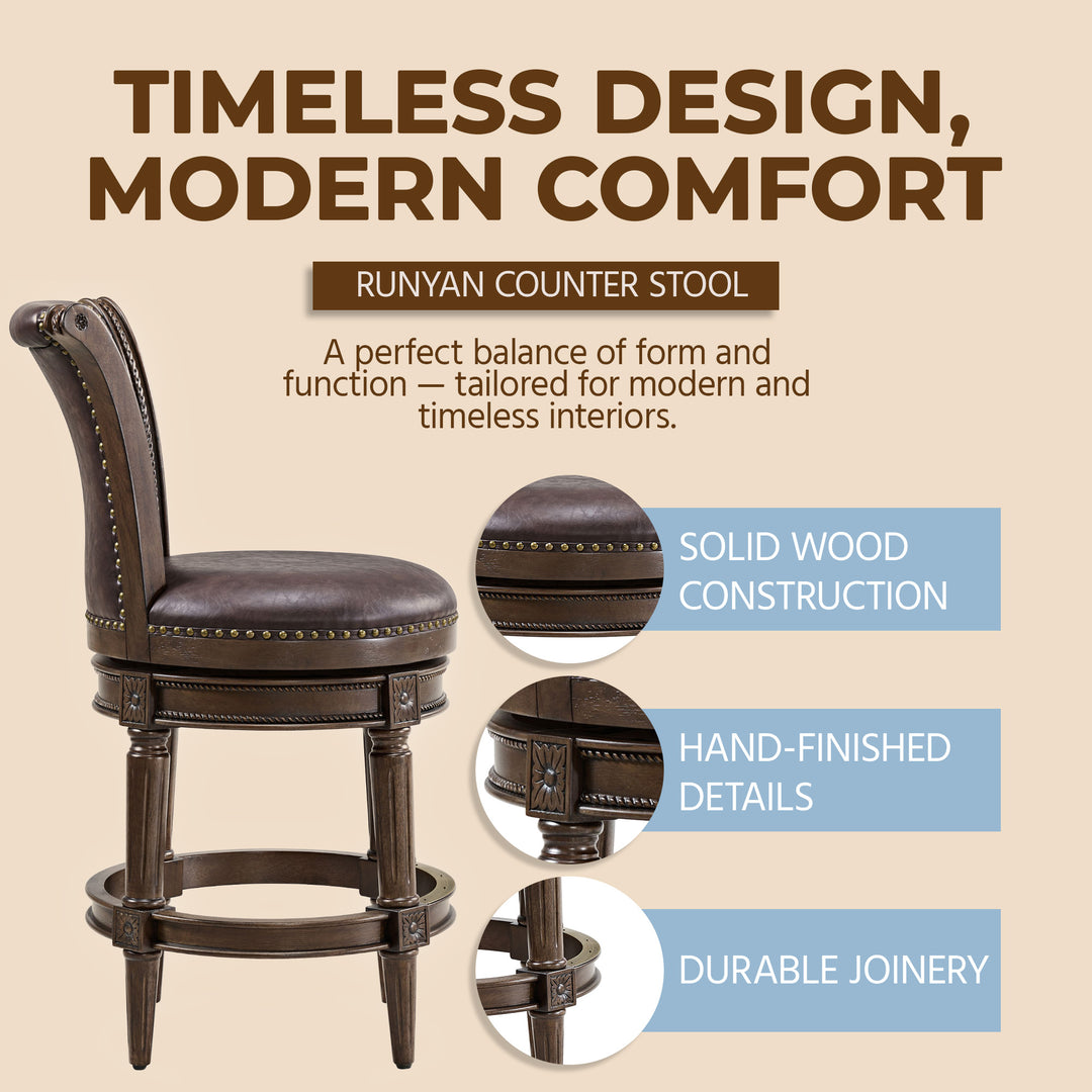 ROME + OAK Runyan Counter Stool, Dark Walnut Finish, Vintage Brown Vegan Leather