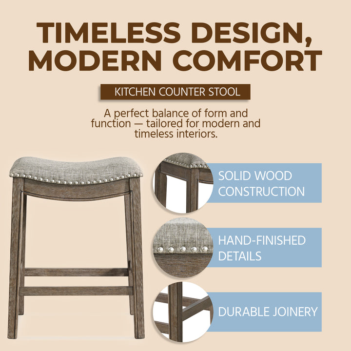 ROME + OAK Parker Backless Counter Stool, Walnut with Grey Upholstery, Set of 3