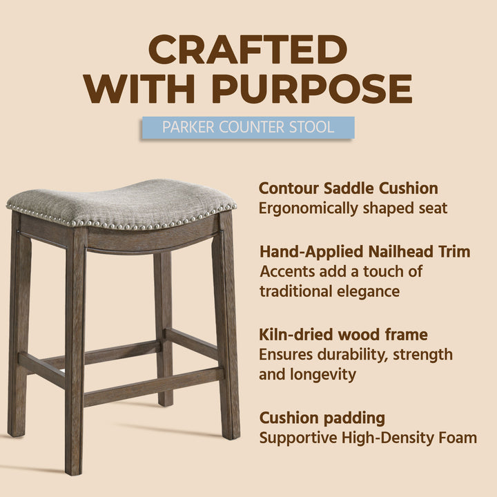 ROME + OAK Parker Backless Counter Stool, Walnut with Grey Upholstery, Set of 3