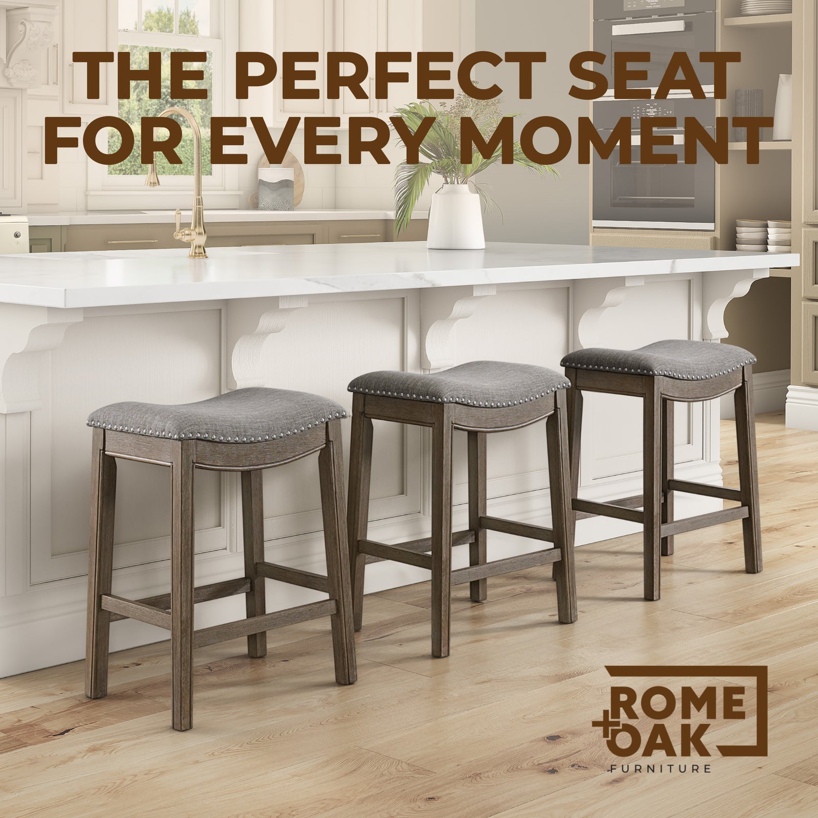 ROME + OAK Parker Backless Saddle Kitchen Counter Stool, Walnut, Grey Upholstery - VMInnovations
