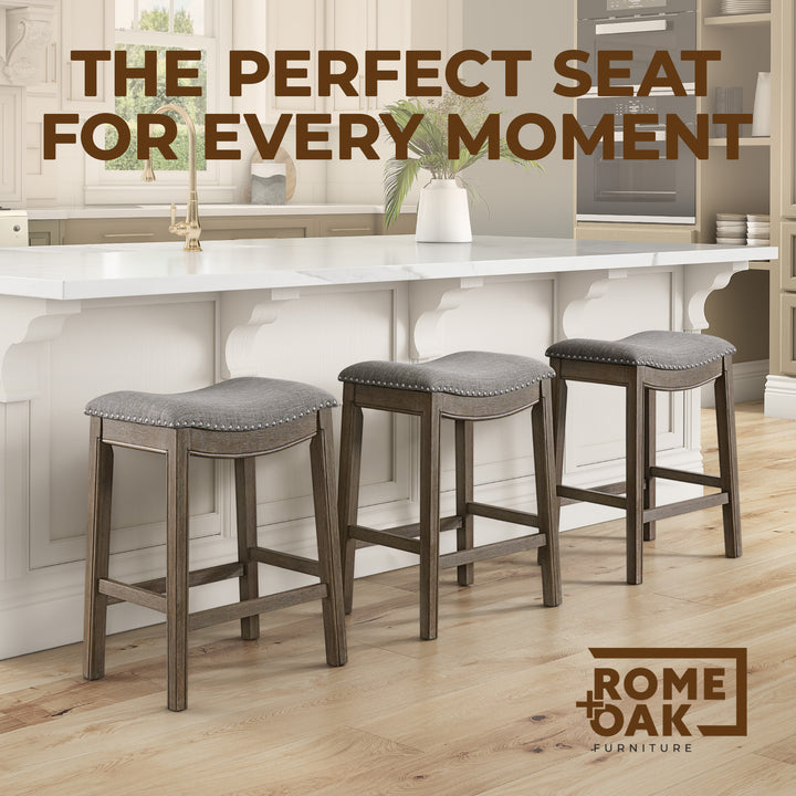 ROME + OAK Parker Backless Counter Stool, Walnut with Grey Upholstery, Set of 3