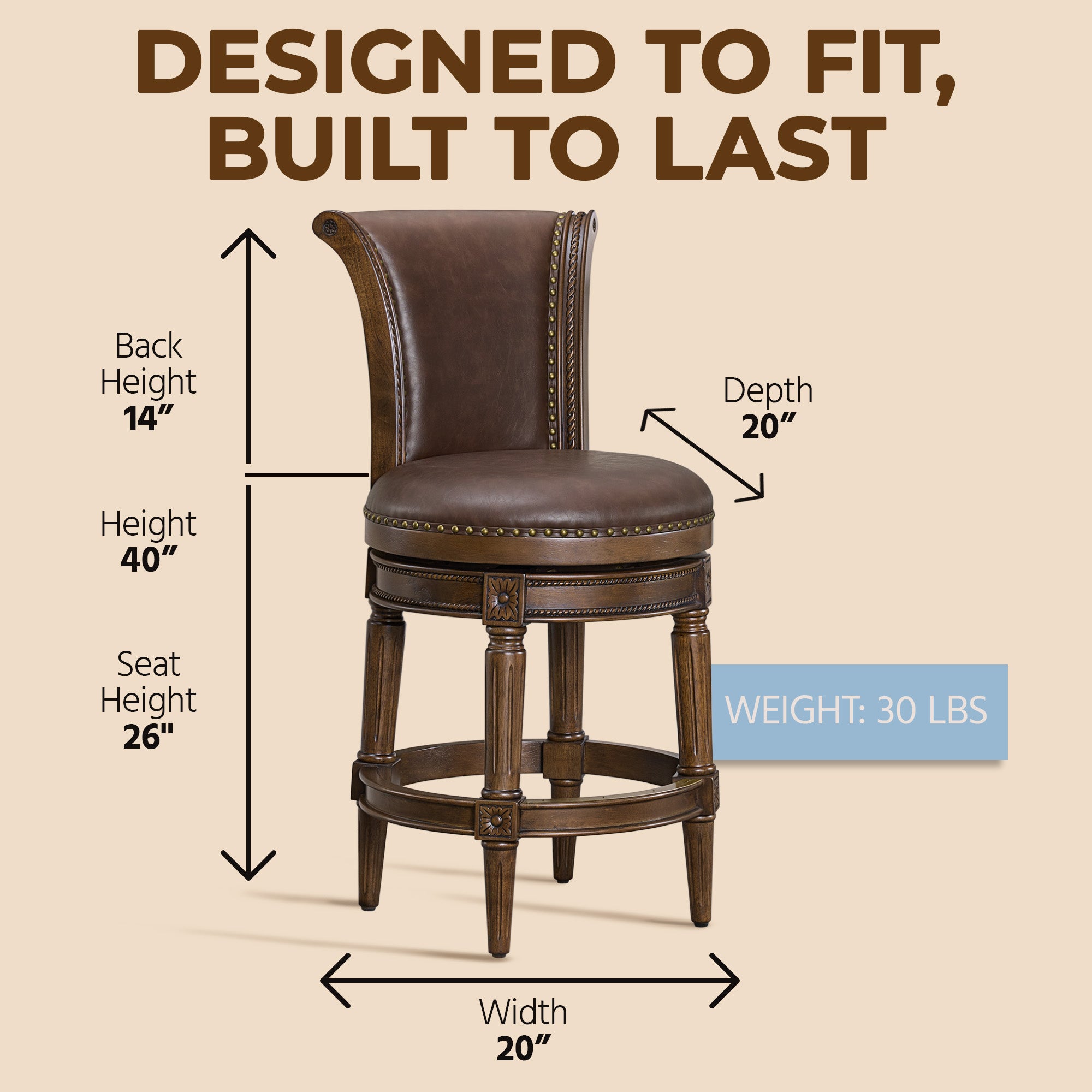 ROME + OAK Runyan Counter Stool, Dark Walnut Finish, Brown Vegan Leather (Used) - VMInnovations