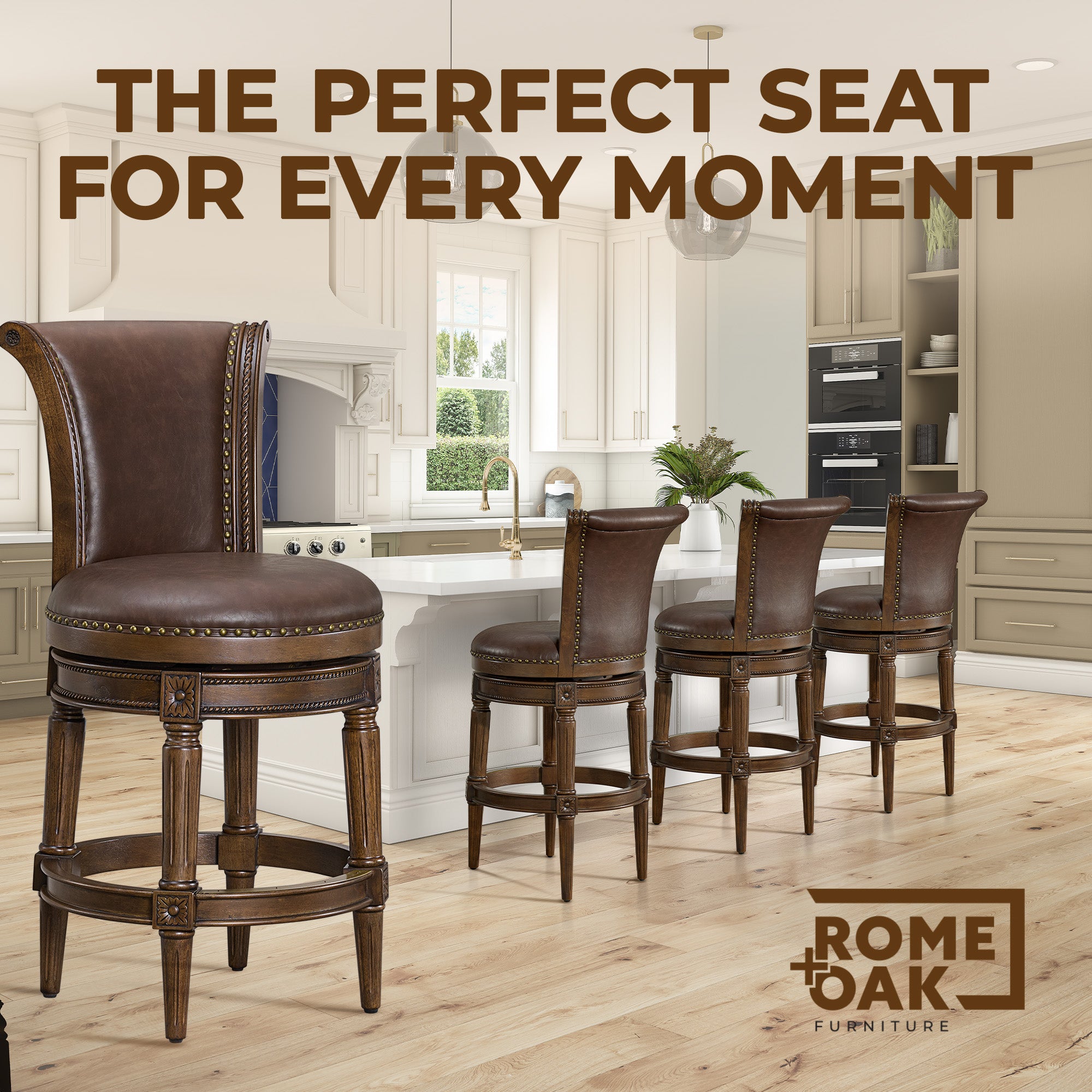 ROME + OAK Runyan Counter Stool, Dark Walnut Finish, Brown Vegan Leather (Used) - VMInnovations