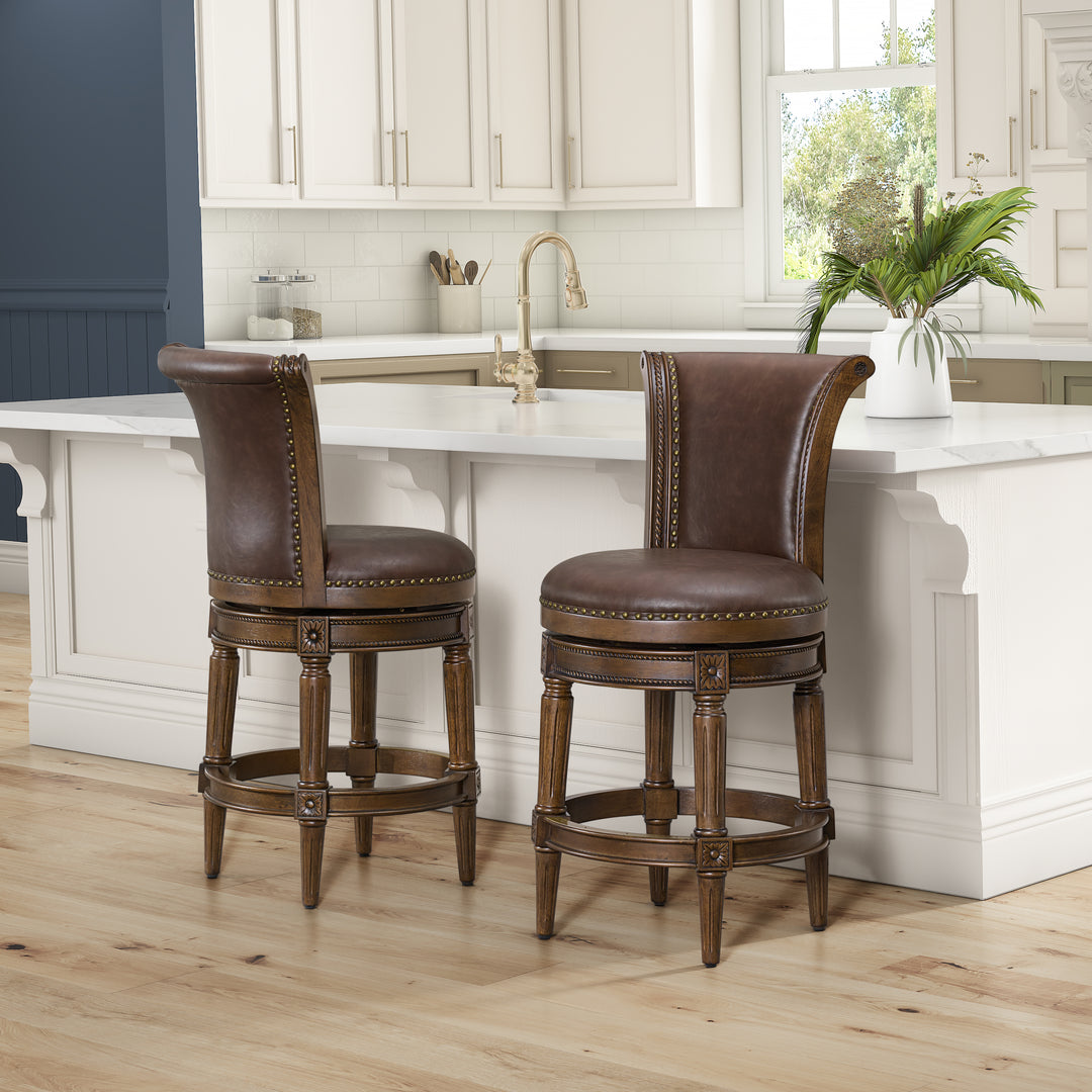 ROME + OAK Runyan Counter Stool, Dark Walnut, Vintage Brown Vegan Leather, Set of 4