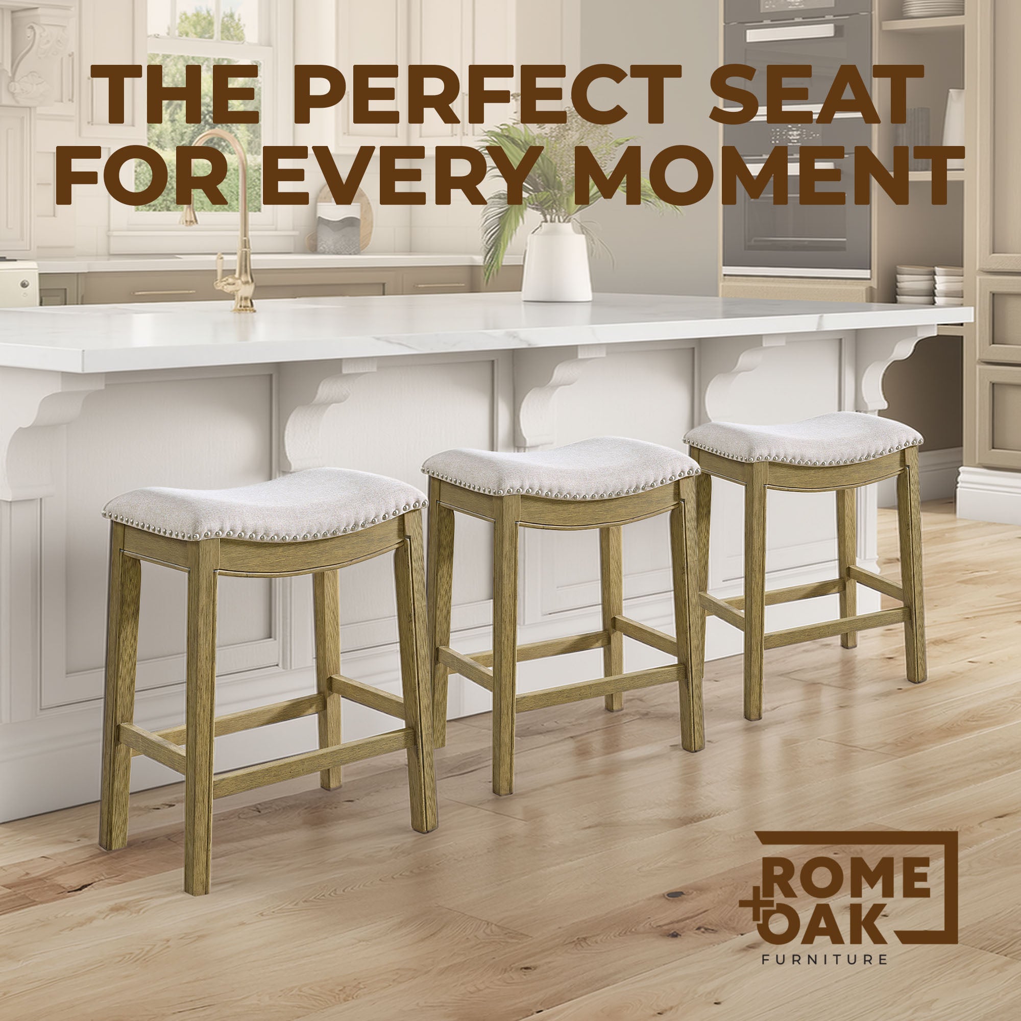 ROME + OAK Parker Backless Saddle Kitchen Counter Stool, Natural, Cream Fabric (Used)
