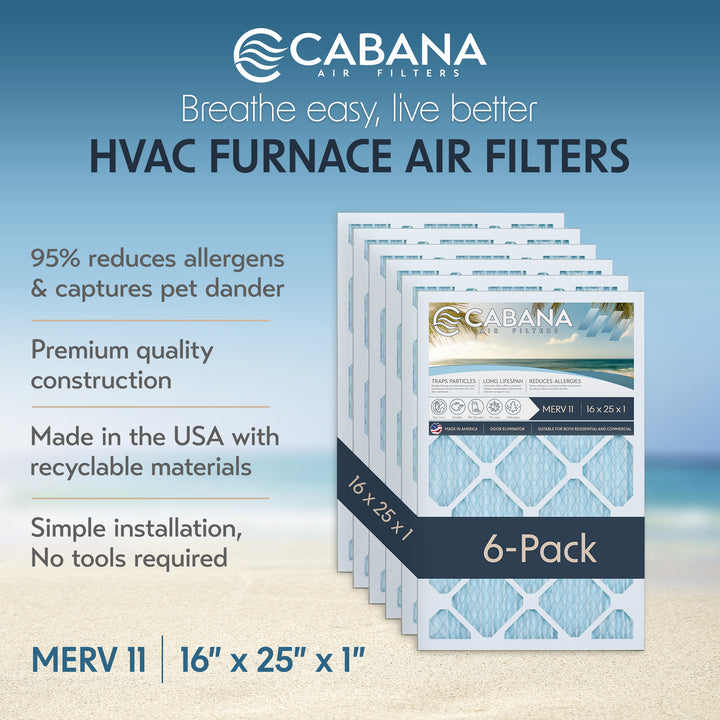 Cabana Air Filters 6 Pack HVAC Furnace Air Filters, MERV 11, 16 x 25 x 1, White