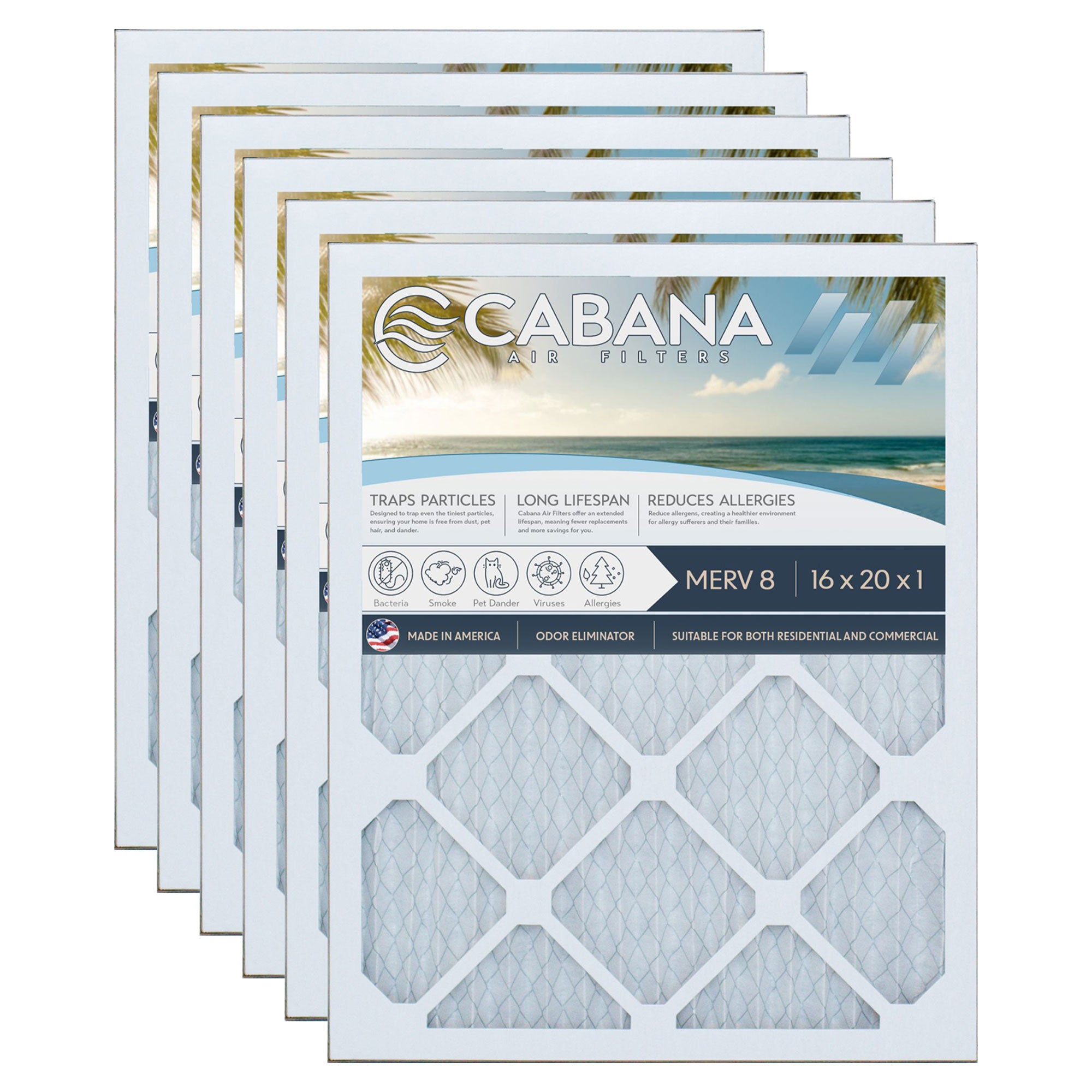 Cabana Air Filters 6 Pack HVAC Furnace Filters, MERV 8, 16 x 20 x 1(Open Box) - VMInnovations