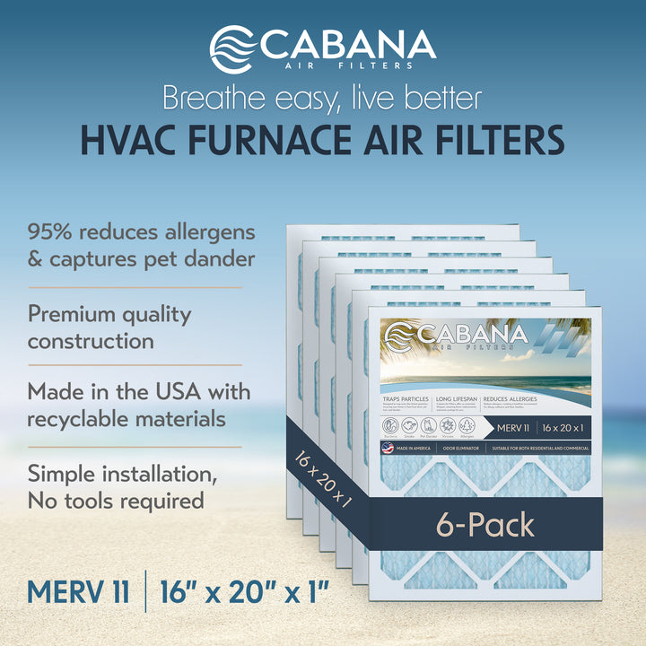 Cabana Air Filters 6 Pack HVAC Furnace Air Filters, MERV 11, 16 x 20 x 1, White