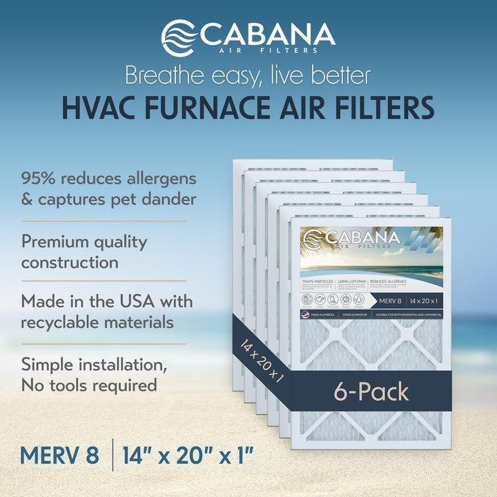 Cabana Air Filters 6 Pack HVAC Furnace Air Filters, MERV 8, 14 x 20 x 1, White