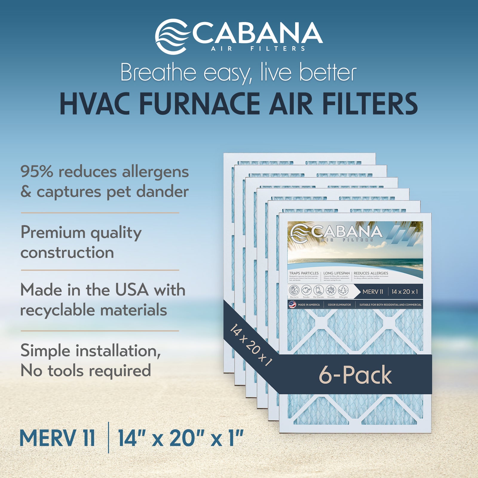 Cabana Air Filters 6 Pack HVAC Furnace Air Filters, MERV 11, 14 x 20 x 1, White - VMInnovations