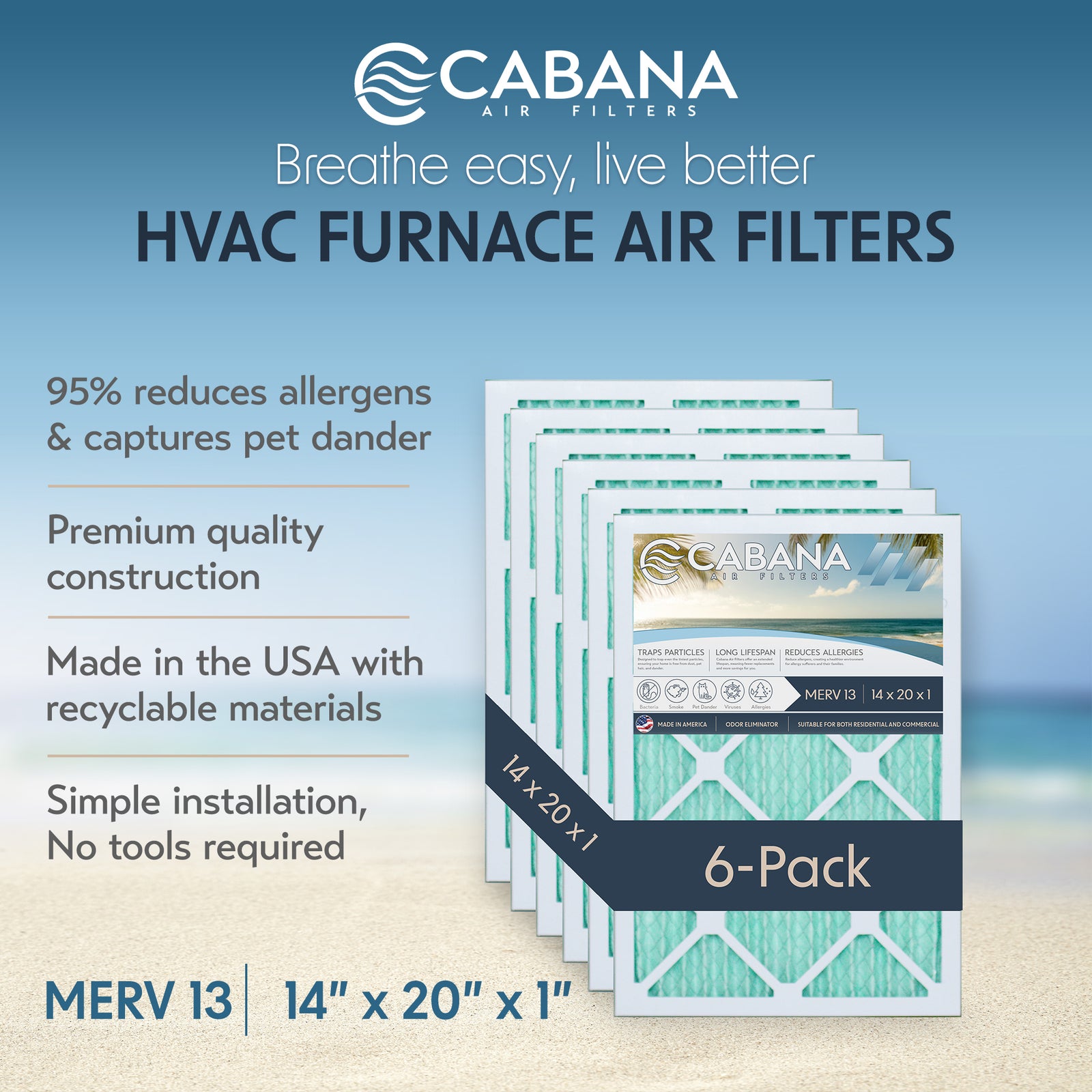 Cabana Air Filters 6 Pack HVAC Furnace Air Filters, MERV 13, 14 x 20 x 1, White - VMInnovations