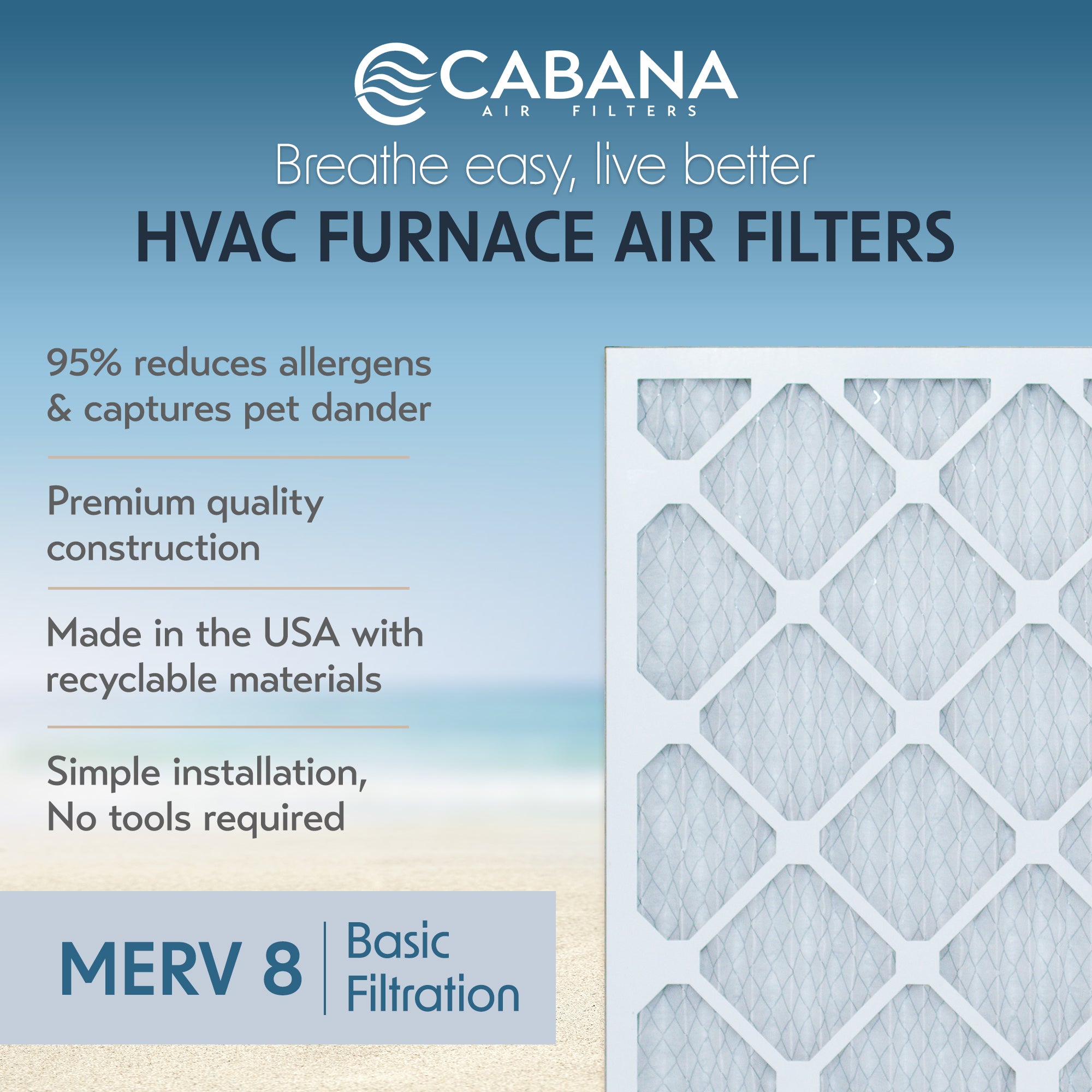 Cabana Air Filters 6 Pack HVAC Furnace Air Filters, MERV 8, 20 x 24 x 1, White