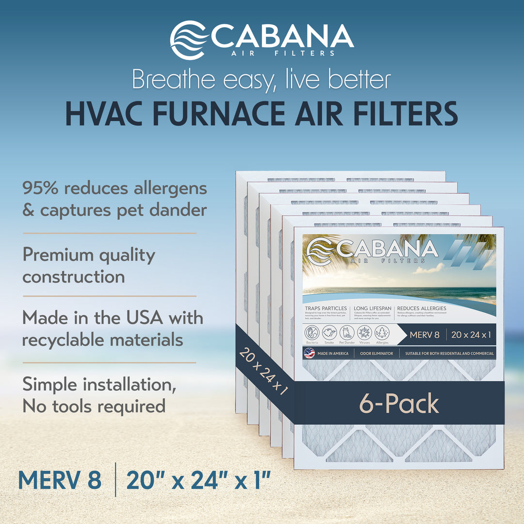Cabana Air Filters 6 Pack HVAC Furnace Air Filters, MERV 8, 20 x 24 x 1, White (Open Box)